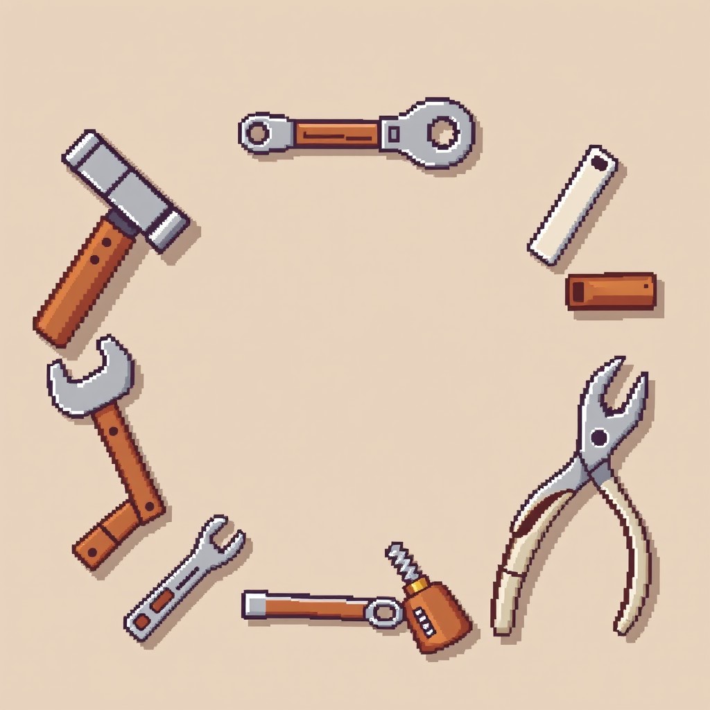 A small 32x32 pixel art image featuring various vintage working tools, such as an old-fashioned hammer, wrench, screwdriver, and pliers, arranged around the edges