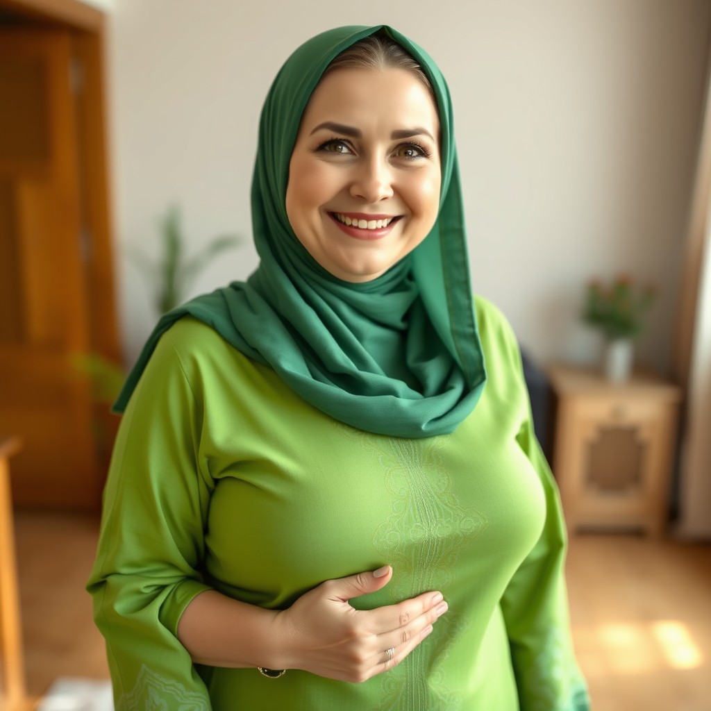 A beautiful Russian woman, chubby and cute, around 50 years old, wearing a green hijab
