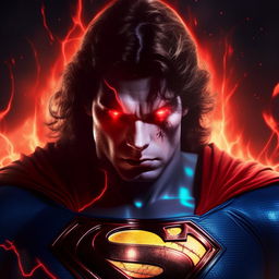 Superman with red glowing eyes, a dark suit, and an ominous aura, showing an evil version of the classic hero.