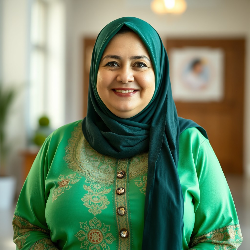 A charming, plump Russian woman in her 50s with a warm, happy smile and playful demeanor, wearing a green hijab