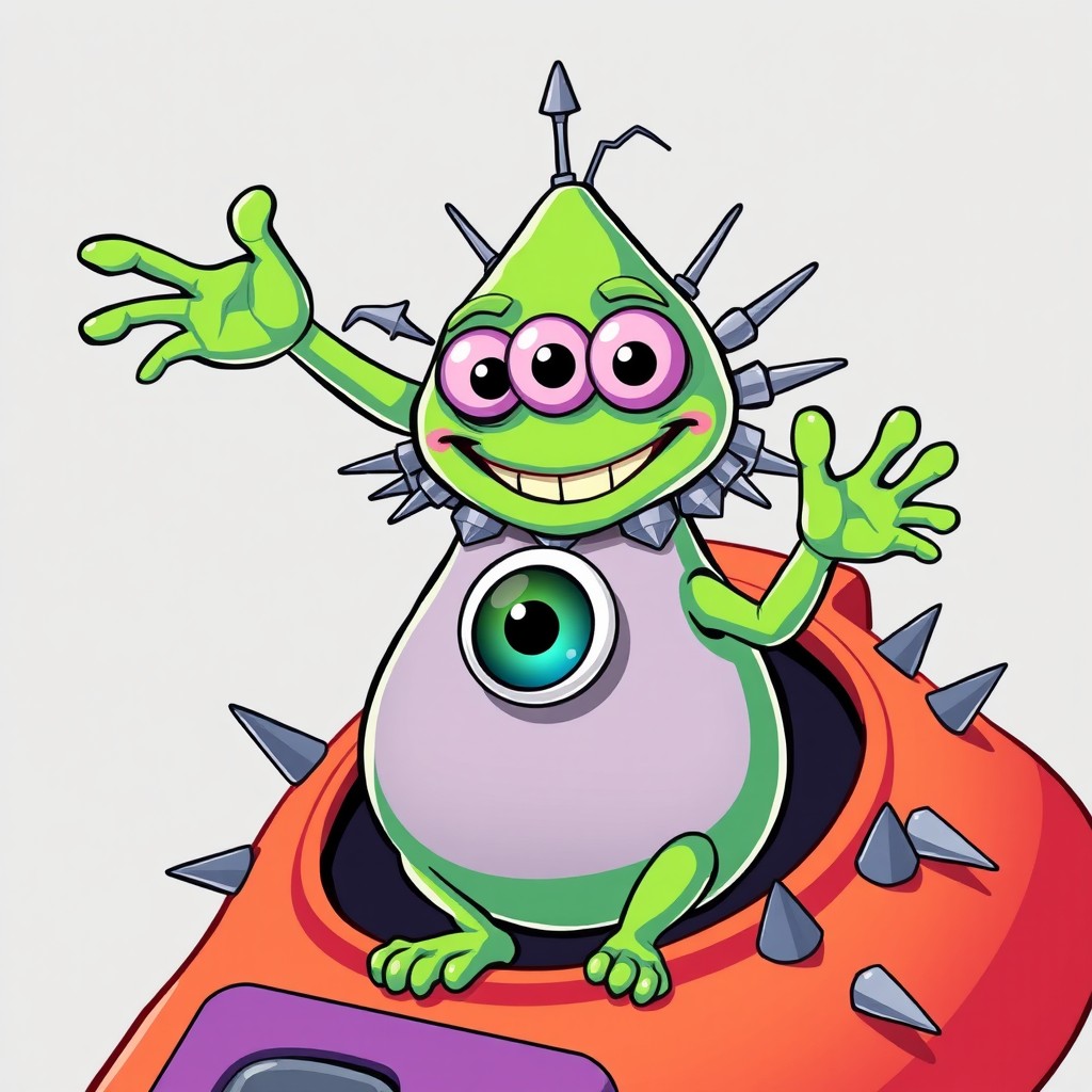 A cartoonish, brightly coloured alien creature, positioned centrally in the image, has a bulbous, teardrop shaped body and three large, expressive eyes
