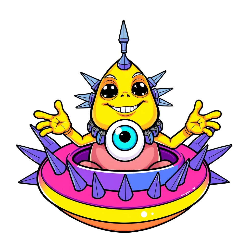 Detailed line art illustration of a cartoonish, brightly coloured alien creature, centrally positioned in the image