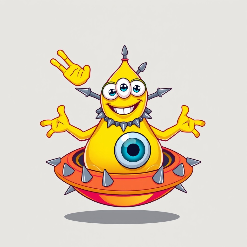 A cartoonish, brightly coloured alien creature positioned centrally in the image