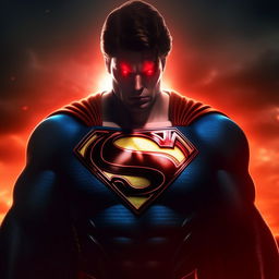 Superman with red glowing eyes, a dark suit, and an ominous aura, showing an evil version of the classic hero.