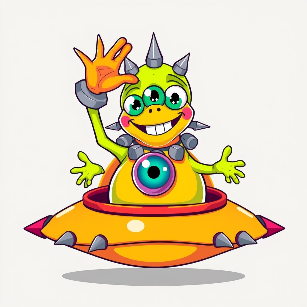 A cartoonish, brightly coloured alien creature positioned centrally in the image