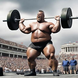 The world's strongest man, boasting rippling muscles and exuding power, lifting a colossal barbell with ease. He's set against a dramatic backdrop, with a crowd cheering him on.