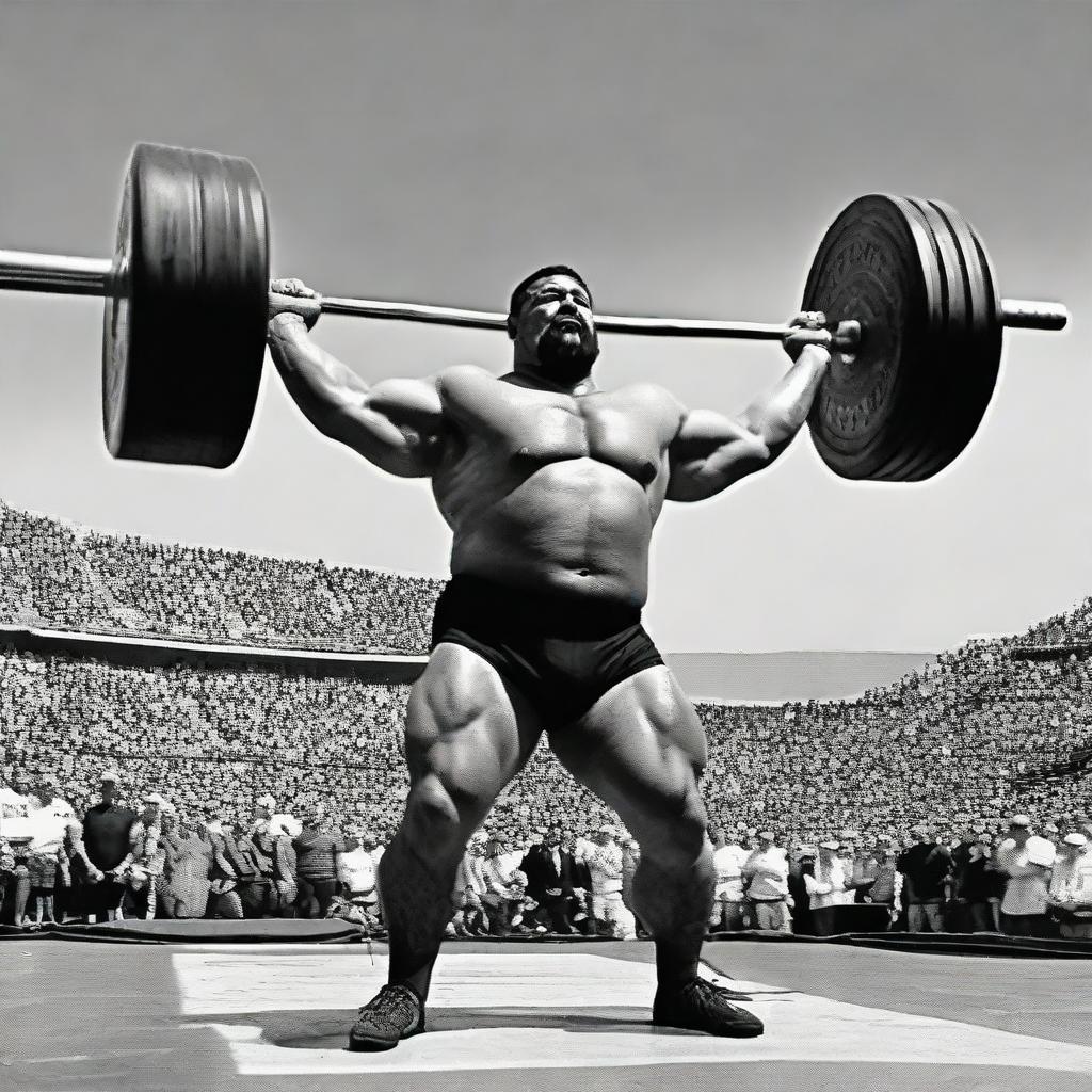 The world's strongest man, boasting rippling muscles and exuding power, lifting a colossal barbell with ease. He's set against a dramatic backdrop, with a crowd cheering him on.