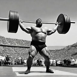 The world's strongest man, boasting rippling muscles and exuding power, lifting a colossal barbell with ease. He's set against a dramatic backdrop, with a crowd cheering him on.