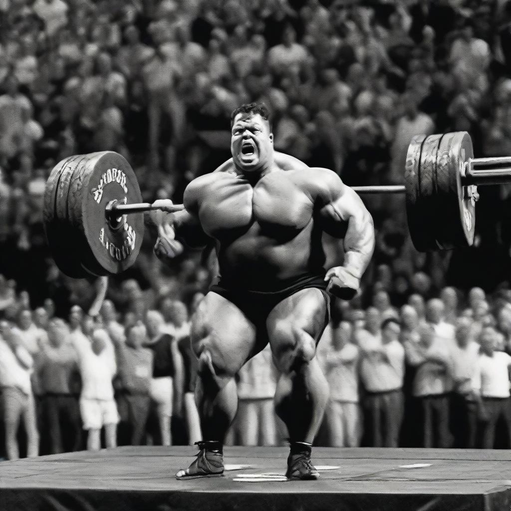 The world's strongest man, boasting rippling muscles and exuding power, lifting a colossal barbell with ease. He's set against a dramatic backdrop, with a crowd cheering him on.