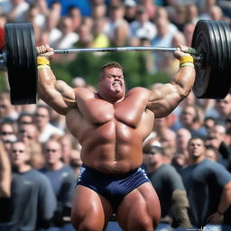 The world's strongest man, boasting rippling muscles and exuding power, lifting a colossal barbell with ease. He's set against a dramatic backdrop, with a crowd cheering him on.