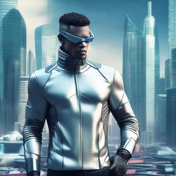 A futuristic man dressed in sleek, high-tech apparel, with sophisticated gadgets, against a backdrop of a futuristic city.