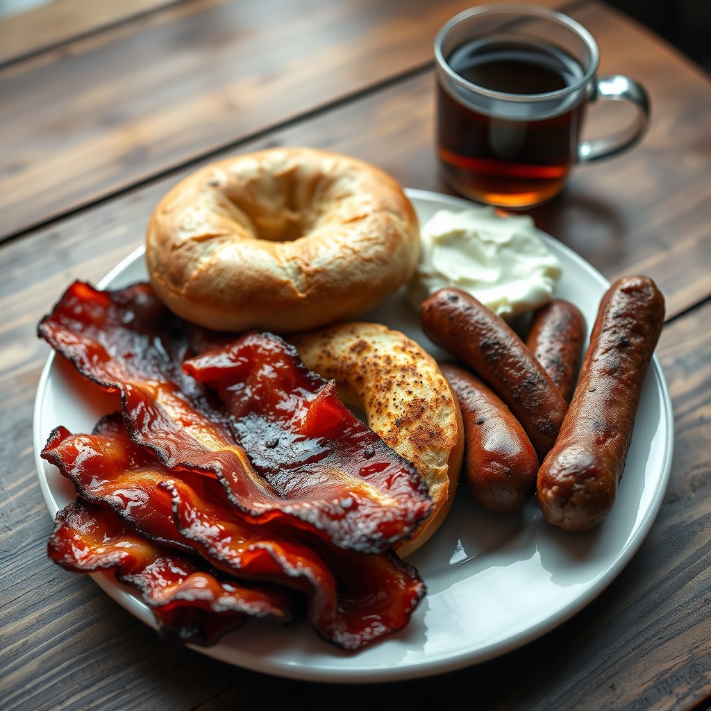 A visually appealing plate of breakfast food featuring a luxurious, greasy spread of dirty bacon, a toasted dirty bagel with cream cheese, and perfectly cooked dirty sausages