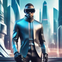 A futuristic man dressed in sleek, high-tech apparel, with sophisticated gadgets, against a backdrop of a futuristic city.