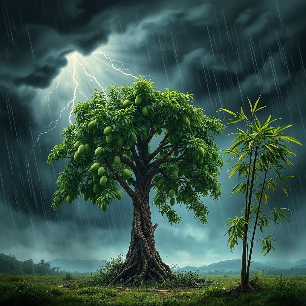 A dramatic scene depicting a huge mango tree and a small bamboo tree caught in the midst of a fierce storm