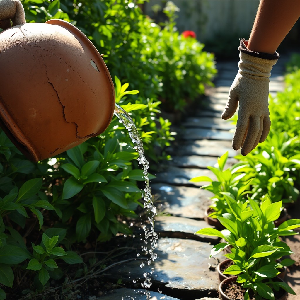 An old, broken clay pot, with chips and cracks, leaking water as it is being used by a diligent gardener to water vibrant green plants along a winding stone path