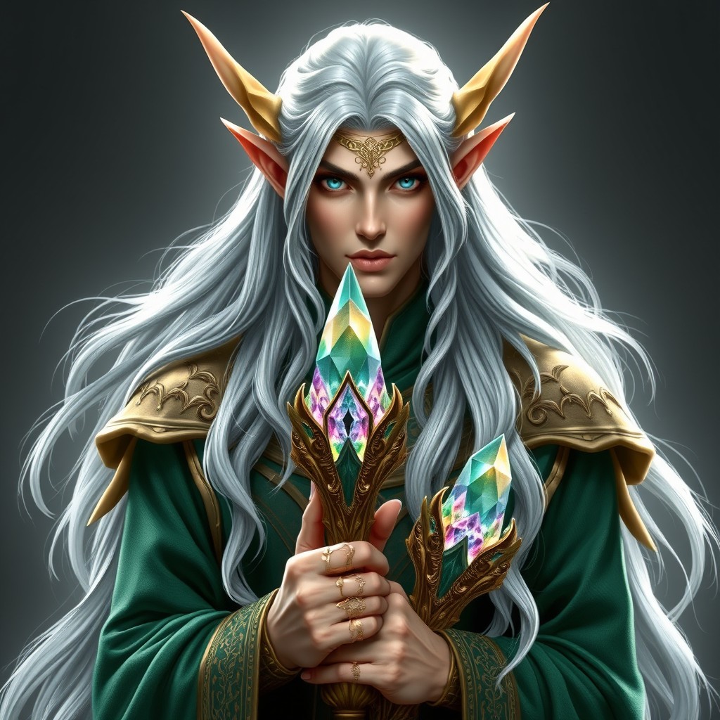 A majestic elf god with long, flowing silver hair, adorned in intricately designed robes of emerald green and gold