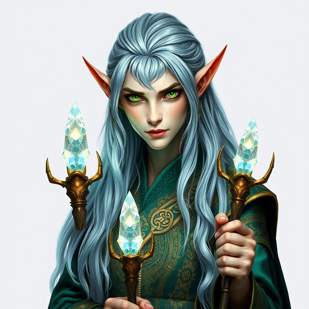 A mysterious elf god with cascading, shimmering silver hair that flows elegantly down their shoulders