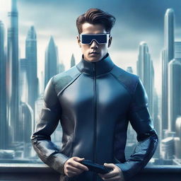 A futuristic man dressed in sleek, high-tech apparel, with sophisticated gadgets, against a backdrop of a futuristic city.