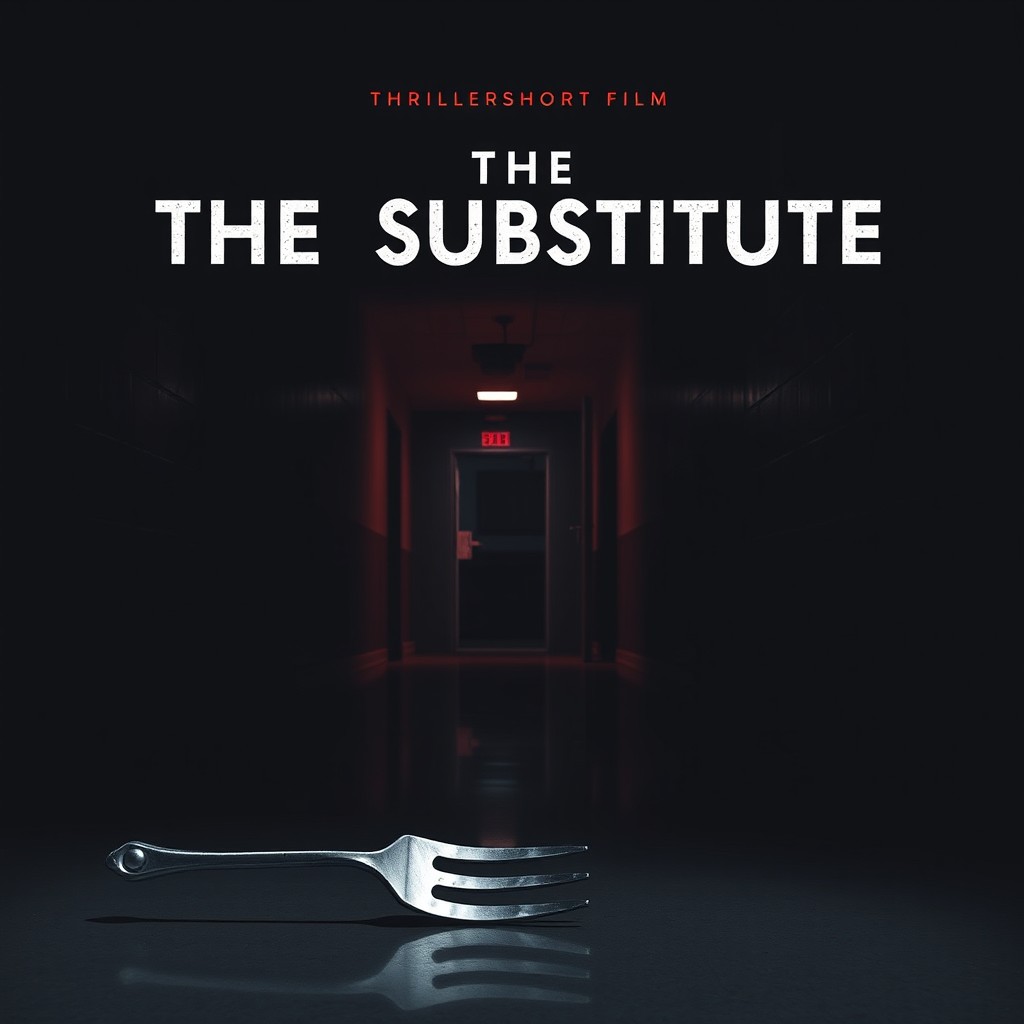 A dark, minimalist movie poster for a thriller short film titled ‘The Substitute’
