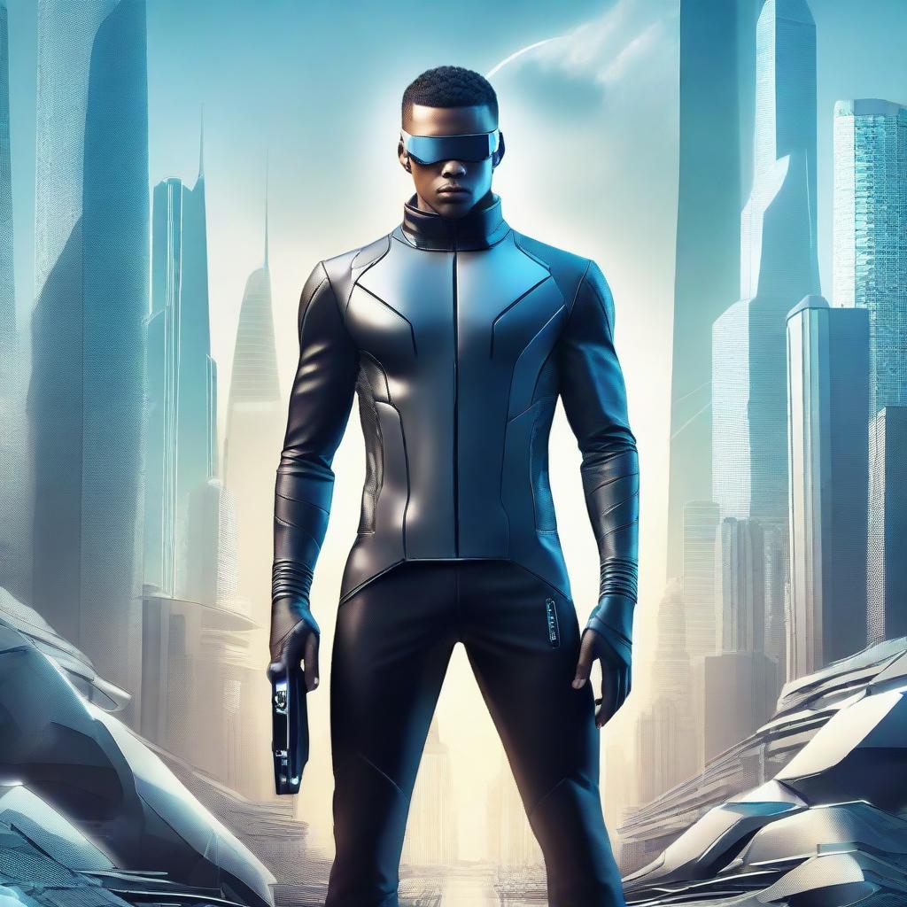 A futuristic man dressed in sleek, high-tech apparel, with sophisticated gadgets, against a backdrop of a futuristic city.