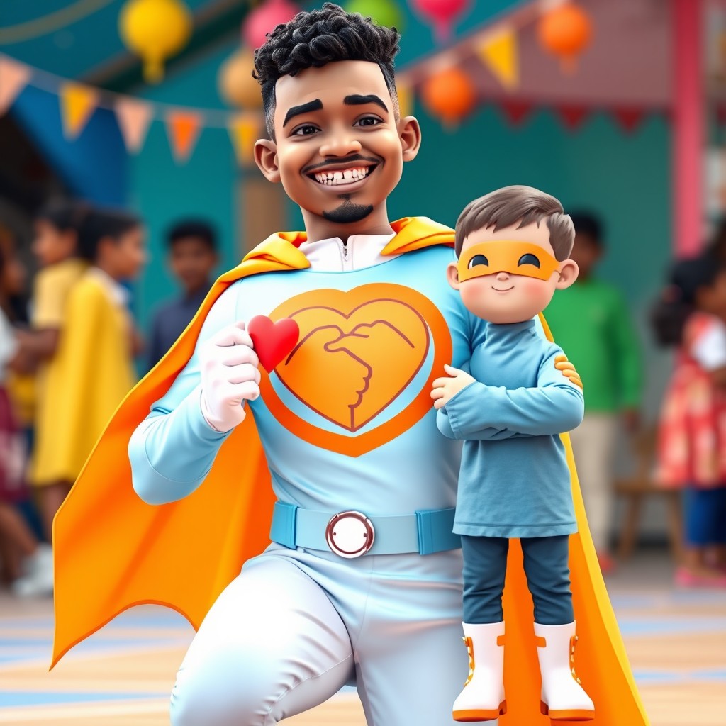 A friendly and joyful superhero named Capitão Acolhimento, inspired by a young man with medium brown skin, short curly black hair with a fade on the sides, a thin goatee beard and mustache, and a bright, welcoming smile with braces