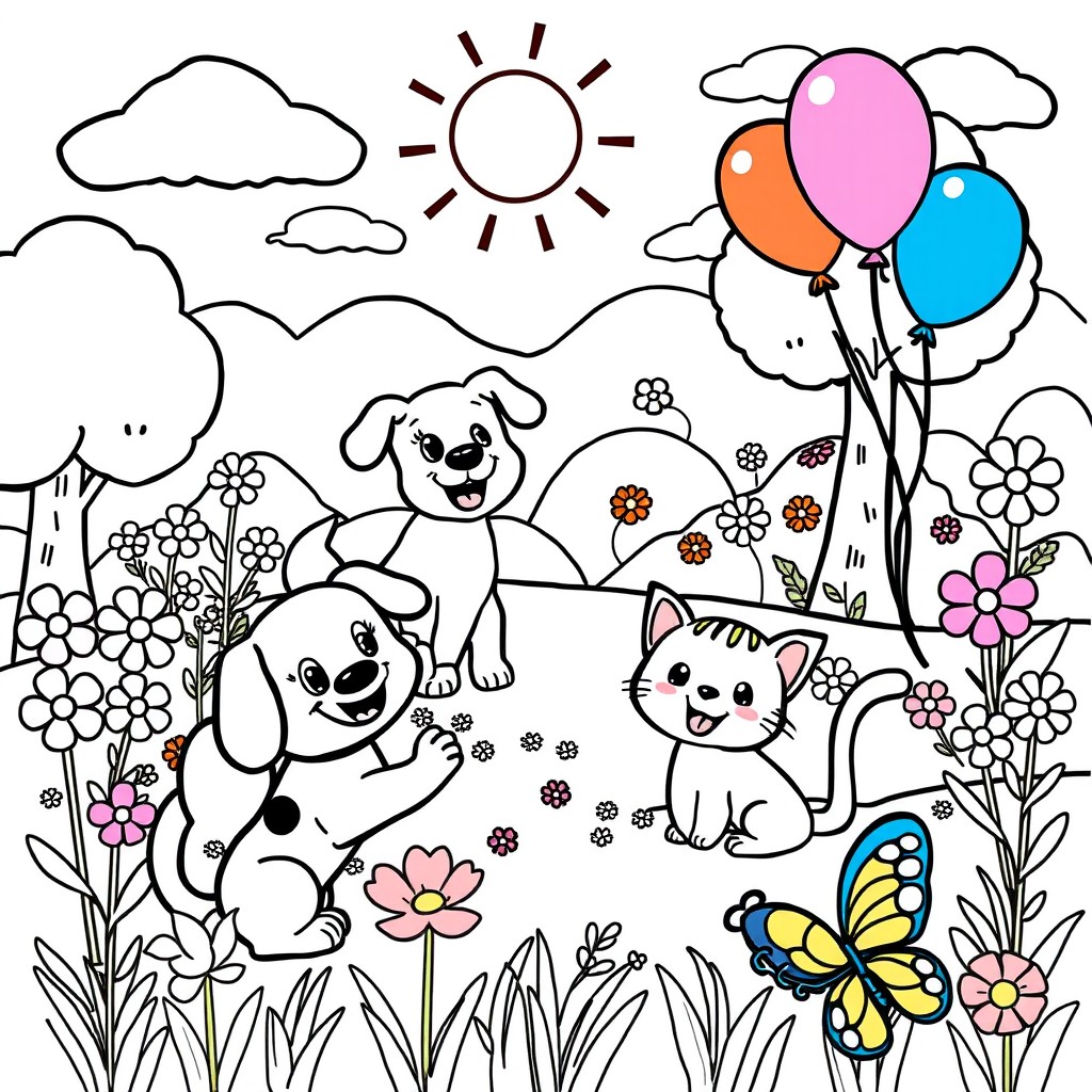 A fun, cartoon-style coloring page featuring various cute and whimsical characters engaging in playful activities
