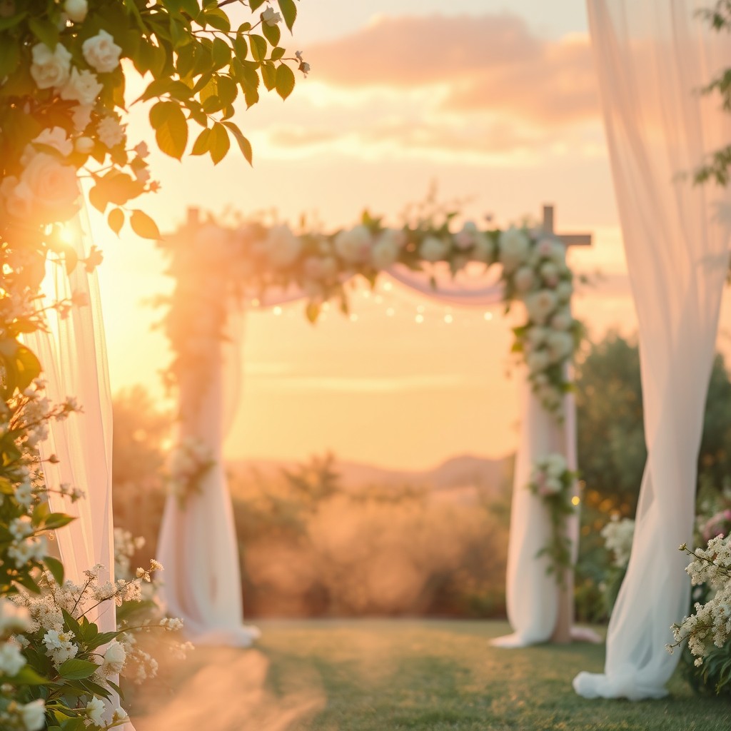 A dreamy and romantic wedding background featuring a sunlit outdoor setting with lush greenery, delicate white flowers, and soft pastel-colored drapes