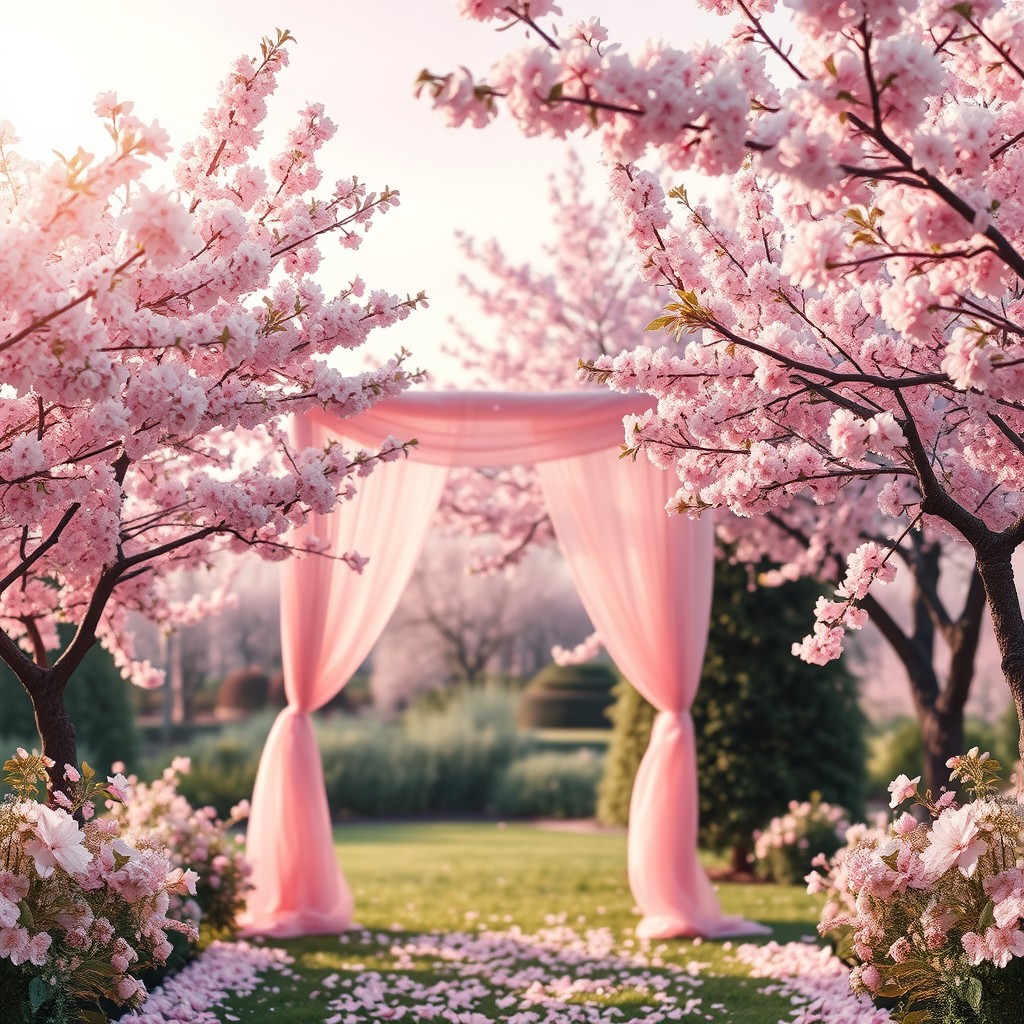 A pinkish outdoor dreamy wedding background featuring a serene garden setting adorned with blooming cherry blossom trees, their petals gently falling like confetti