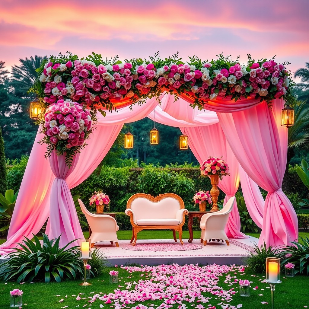 A pinkish outdoor wedding mandap setup situated in a lush garden, featuring an elegantly draped canopy of soft pink and white fabrics