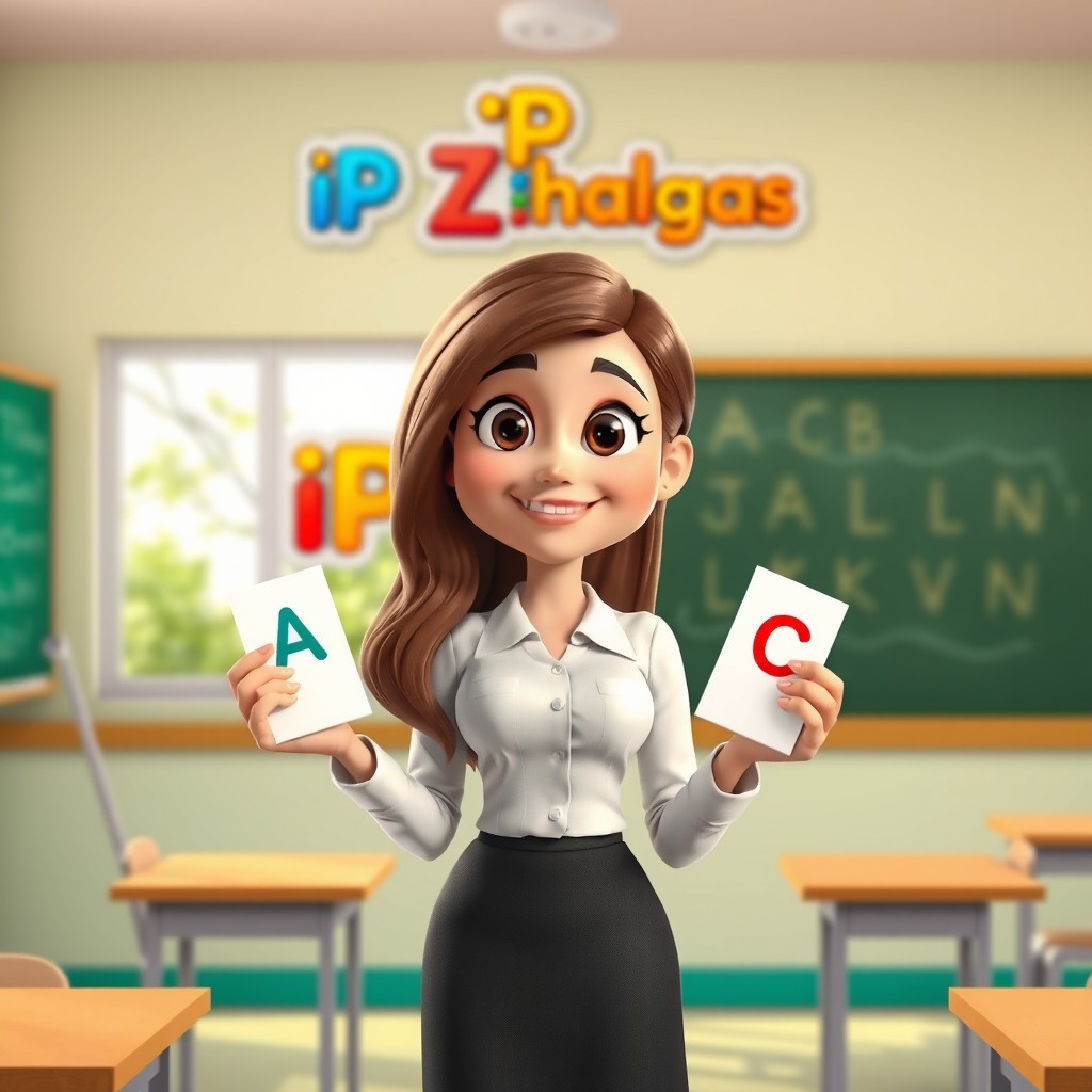 A cartoon-style illustration of a cheerful English teacher in a vibrant classroom