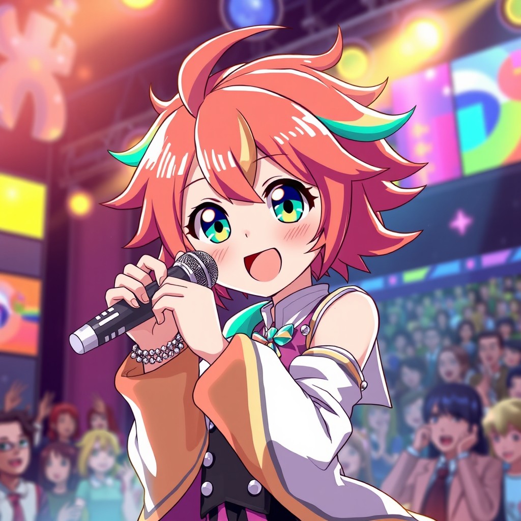 A charismatic anime character holding a microphone, passionately singing on stage