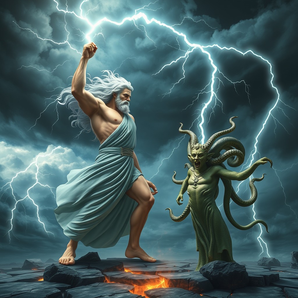 A dramatic scene depicting Zeus, the Greek god, unleashing bolts of lightning towards Medusa, the mythical creature with snakes for hair and a gaze that turns people to stone