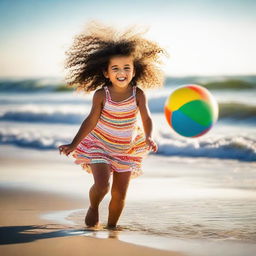 A joyful child with curly hair, playing with a colorful ball on a sunlit beach with gentle waves lapping the shore.