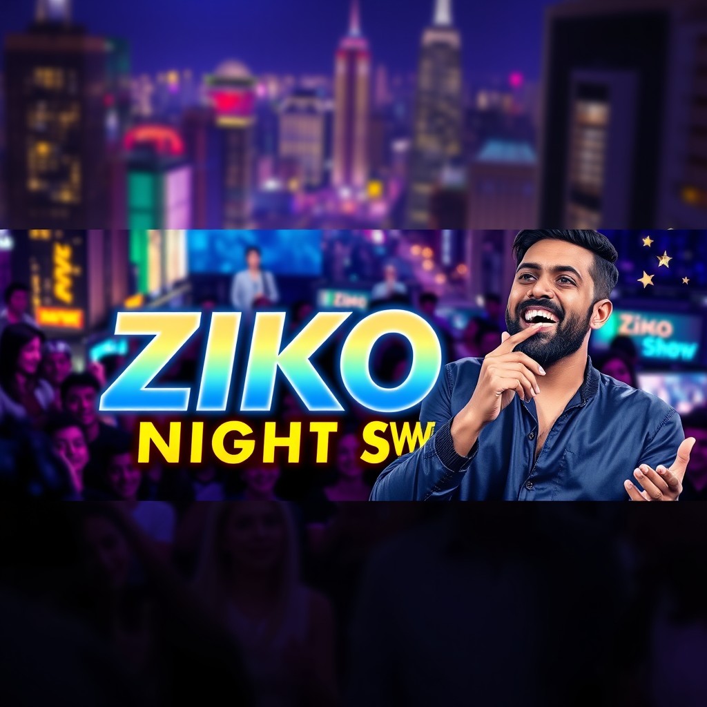 A realistic YouTube thumbnail for a show titled 'ZIKO NIGHT SHOW', featuring a vibrant and engaging design
