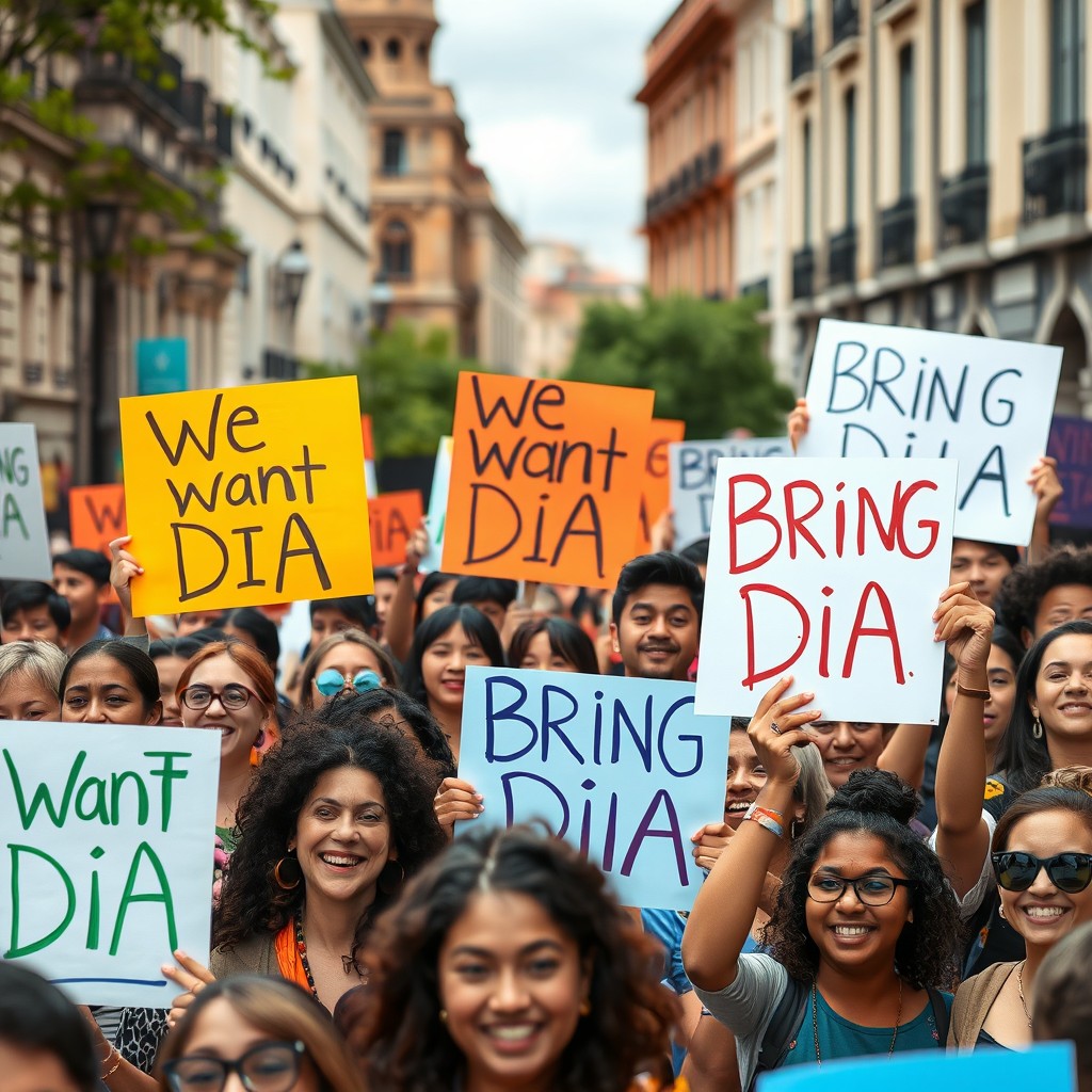 A vibrant protest scene with diverse individuals holding colorful signs that read "We want Dia" and "Bring Dia"