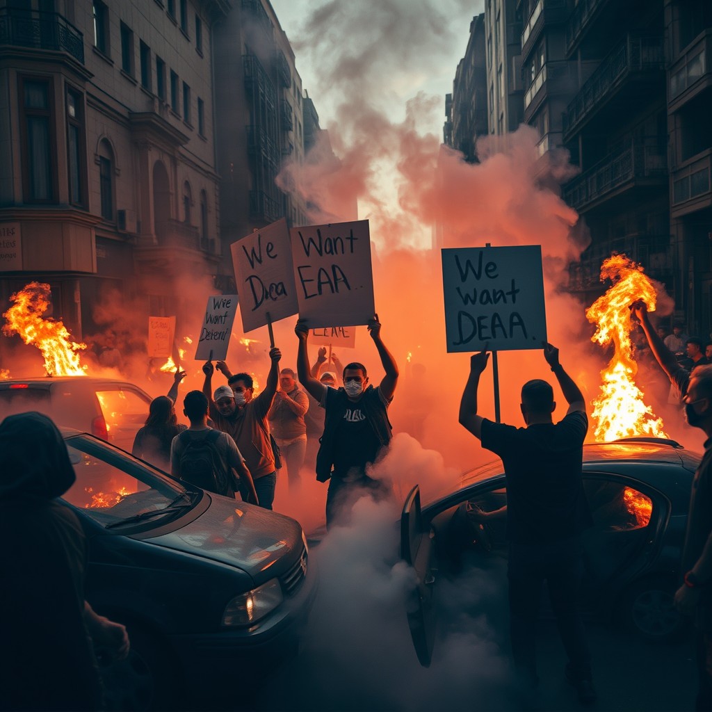 A chaotic scene of a protest with individuals creating unrest, including fires and overturned cars