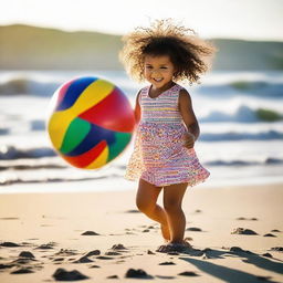 A joyful child with curly hair, playing with a colorful ball on a sunlit beach with gentle waves lapping the shore.