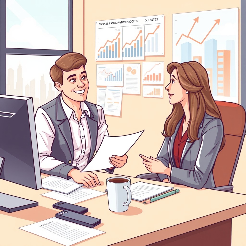 A detailed illustration of the business registration process in a modern office
