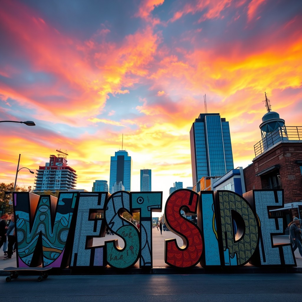 A vibrant and dynamic urban landscape showcasing a stylish, modern interpretation of a city street scene