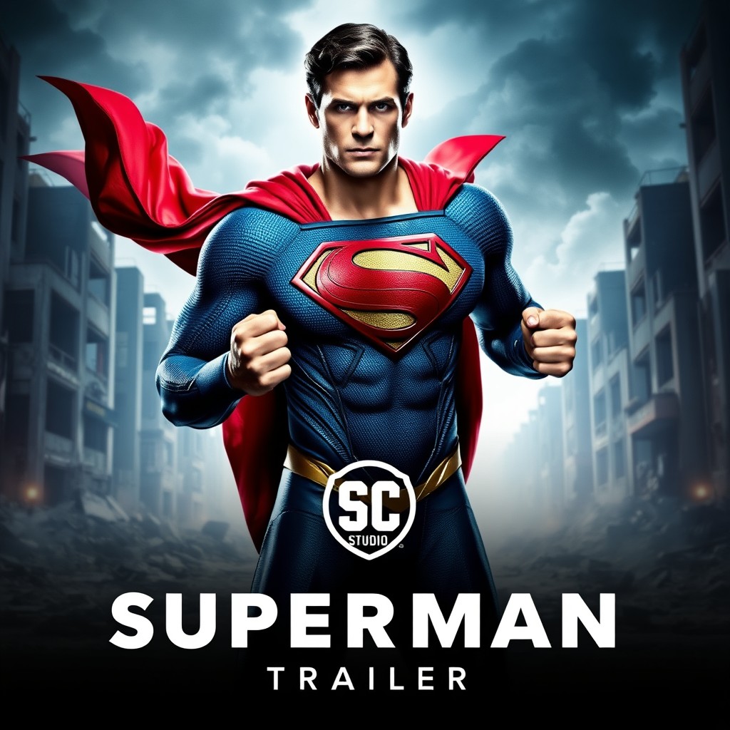 A muscular superhero in a blue and red suit featuring a bold 'S' emblem on his chest, standing in a battle-ready pose with clenched fists