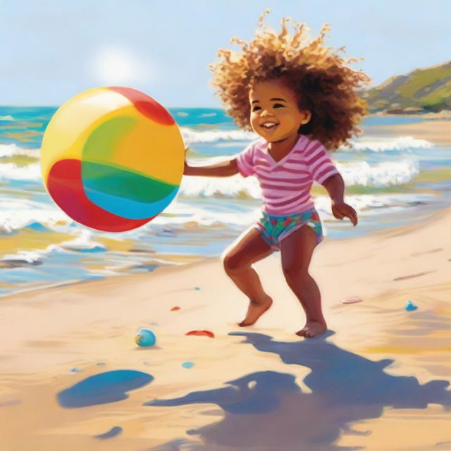 A joyful child with curly hair, playing with a colorful ball on a sunlit beach with gentle waves lapping the shore.