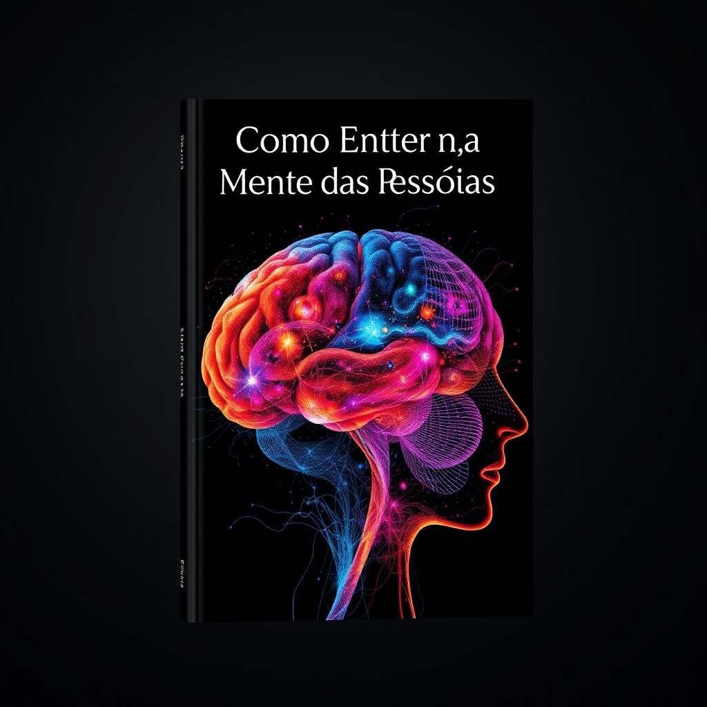 A captivating book cover design featuring a half-human face seamlessly merging with a vibrant, abstract representation of a brain filled with intricate patterns and colors