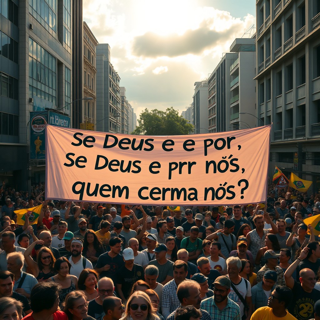 A vibrant scene of hundreds of people gathered on a bustling city avenue, all holding a massive banner that reads in Brazilian Portuguese 'Se Deus é por nós, quem será contra nós?'