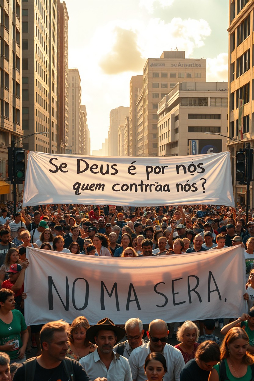A vibrant scene of hundreds of people gathered on a bustling city avenue, all holding a massive banner that reads in Brazilian Portuguese 'Se Deus é por nós, quem será contra nós?'