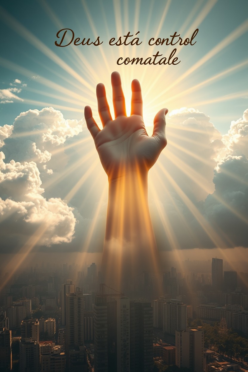 An awe-inspiring and hyper-realistic image featuring a giant hand descending from fluffy clouds, radiating golden rays of light that bless the bustling city below