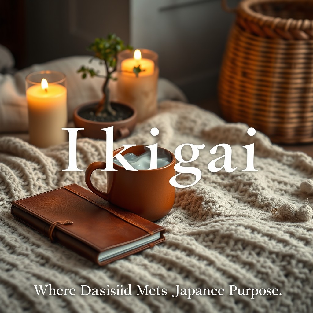A hyperrealistic scene featuring a terracotta mug steaming gently on a soft beige knitted blanket
