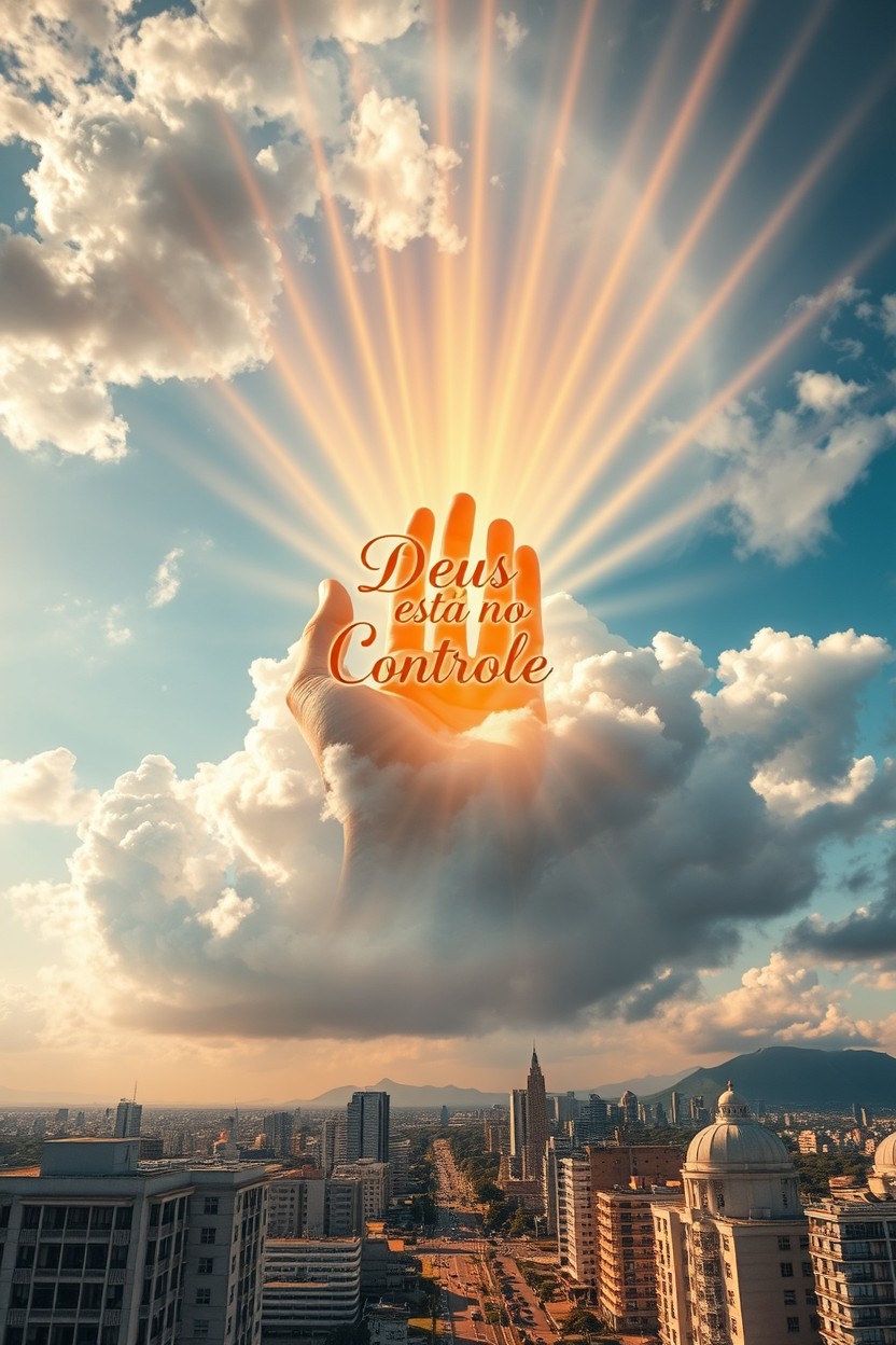 A giant hand descending from fluffy, white clouds, radiating golden rays of light that bless a vibrant city below