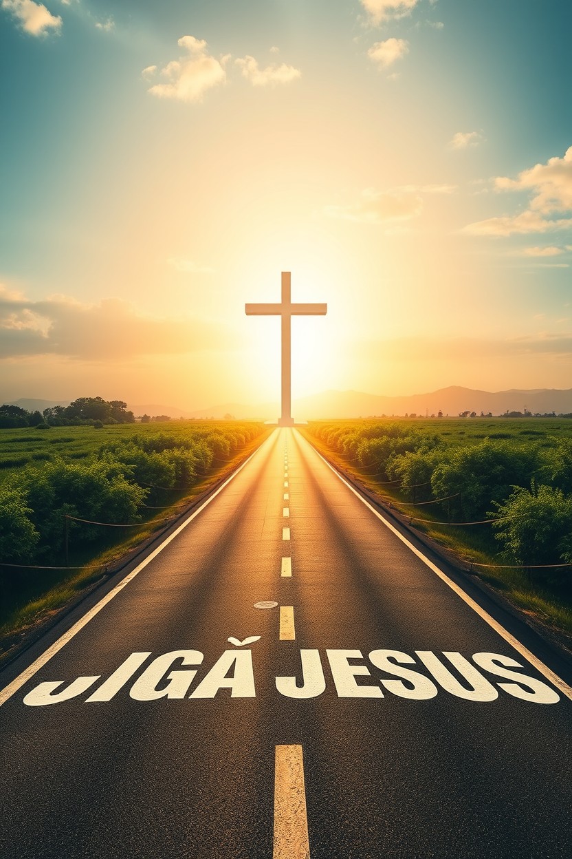 An empty road stretching towards a giant cross at the end, bathed in bright light emanating from the sky that illuminates the path ahead
