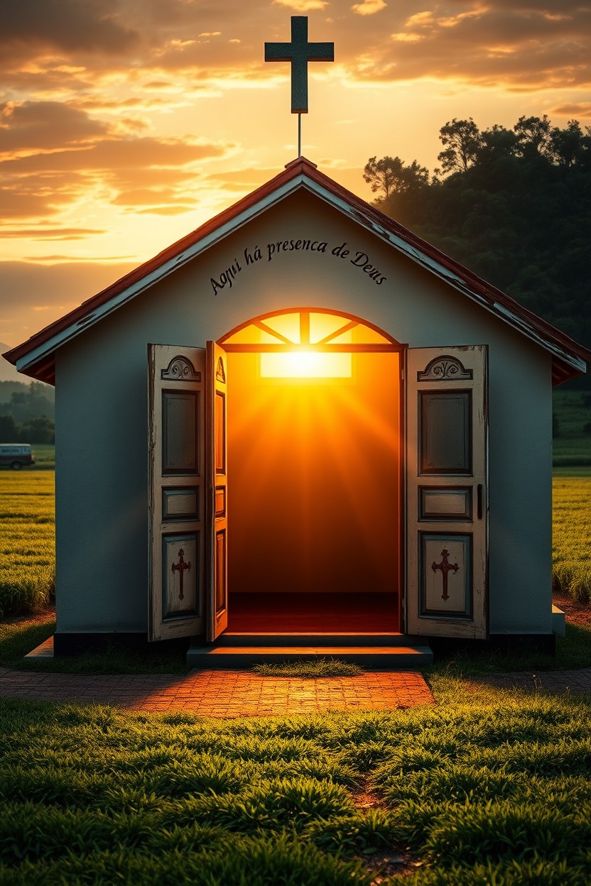 A small, charming countryside church with its doors wide open, radiating intense divine light from within, creating a warm and inviting atmosphere