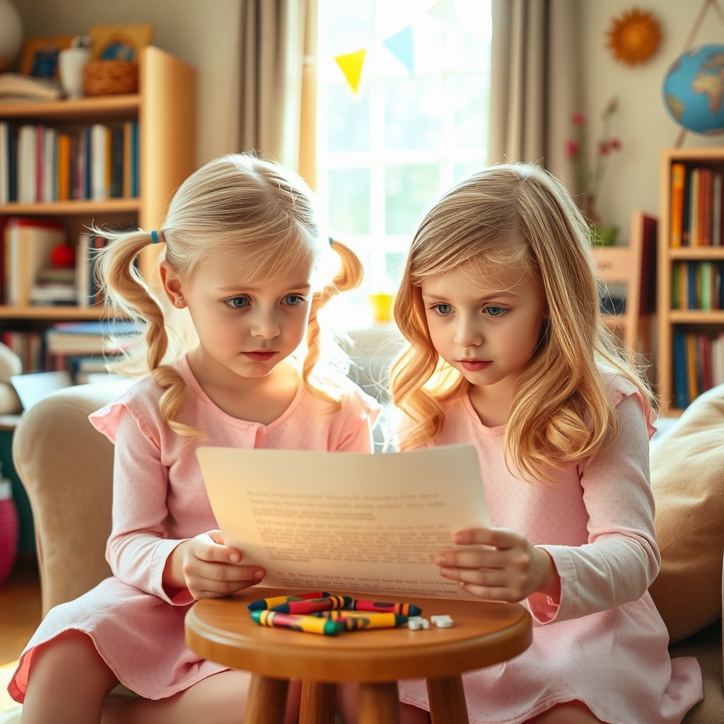 Two blonde twin sisters, about 10 years old, sitting in a cozy living room filled with books and colorful decorations, focused on solving a mysterious letter